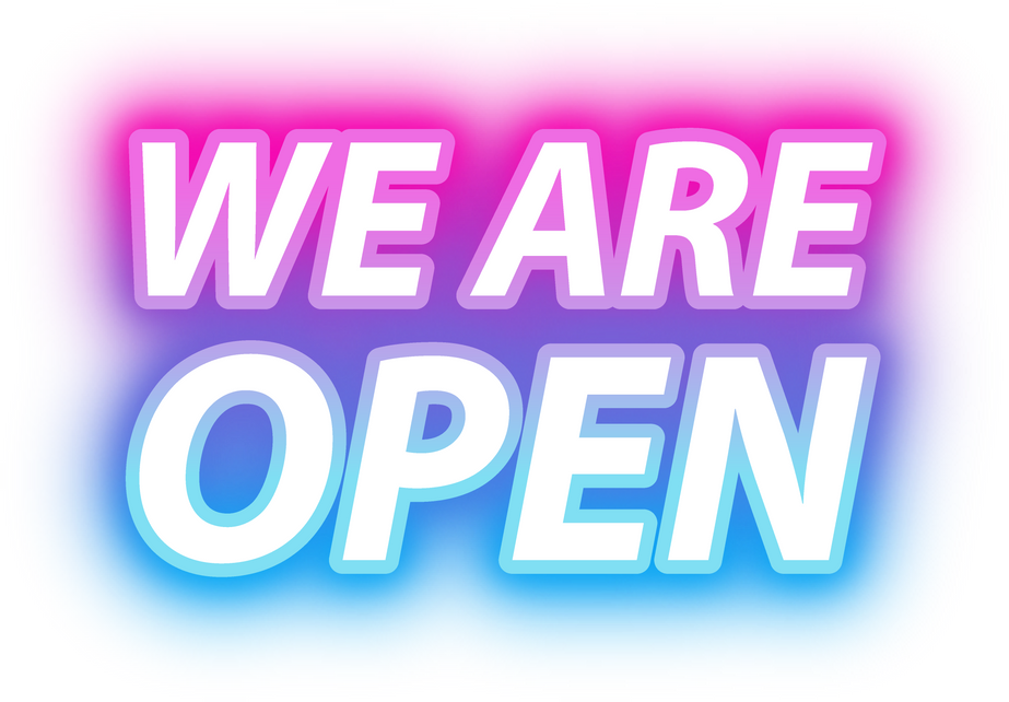 Neon sign We are open glowing in pink and blue light